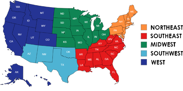 Regional Map of USA (Black)